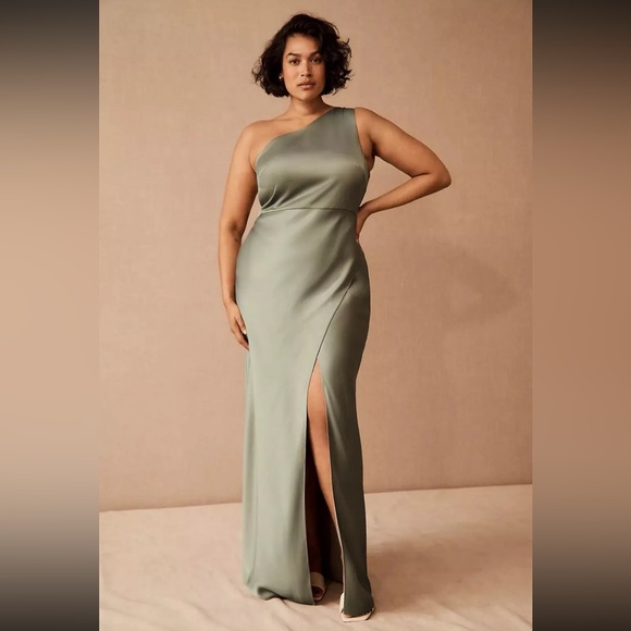Anthropologie Bhldn Dylan One-Shoulder Satin Side-Slit Gown in Moss - Picture 1 of 10